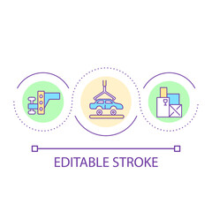 Automotive industry loop concept icon. Car production. Automobile manufacturing. Vehicle factory abstract idea thin line illustration. Isolated outline drawing. Editable stroke. Arial font used