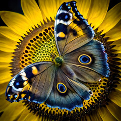 macro photography of a butterfly in the middle of a sunflower flower