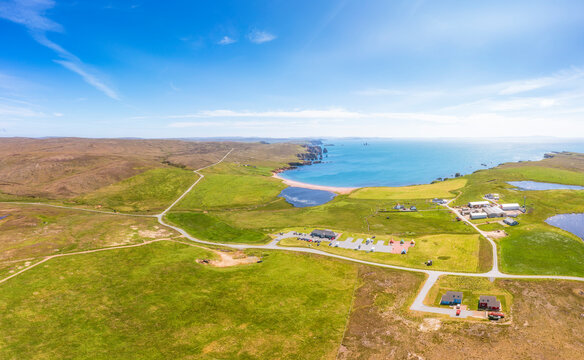 UK, Scotland, Braewick, Aerial view of Northmavine peninsula with Saint Magnus Bay in background