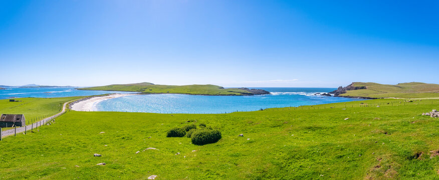 UK, Scotland, Panoramic view of Minn Beach and surrounding landscape in summer