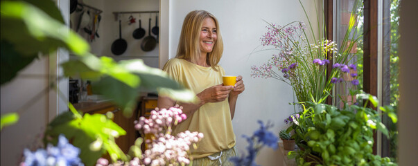 Happy mature woman holding cup of coffee standing near window at home