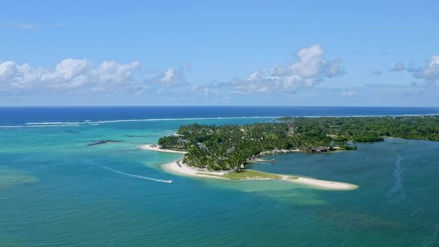 Aerial View of Mauritius Tropical Lush, Sandy Coastline, Turquoise Indian Ocean and Green Rainforest, Drone Shot