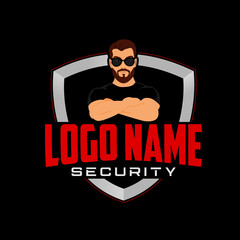 Body guard badge logo with character wearing black shirt and sunglasses. Vector illustration.