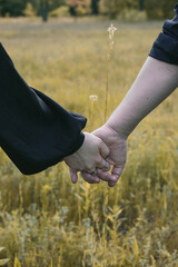 Close up spouses holds hands concept photo. Romantic gesture. Back view photography with rural meadow on background. High quality picture for wallpaper, travel blog, magazine, article