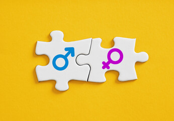 Obraz premium Male and female gender symbols on puzzle pieces. Man and woman relationship, marriage and togetherness. Gender connection, harmony.