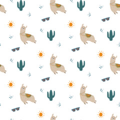 seamless pattern with cute llama, music notes and sunglasses © Olga