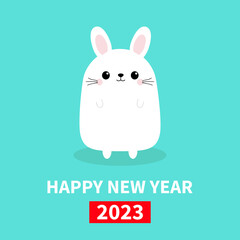Happy Chinese New Year 2023. The year of the rabbit. White bunny Funny head face. Cute kawaii cartoon character. Baby greeting card. Blue background. Flat design.