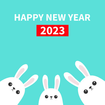 Happy Chinese New Year 2023. The year of the rabbit. Three white bunny looking from the corner. Picaboo. Flat design. Funny face. Cute kawaii cartoon character. Baby greeting card. Blue background.