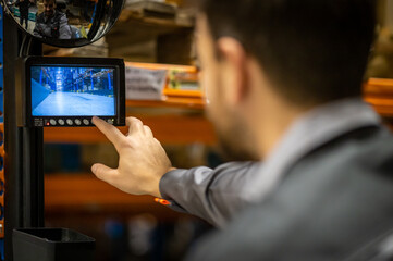 Young wearhouse forklift worker, having small break from work and using phone while sitting on forklift