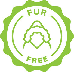 fur free green stamp. Symbol, outline icon, tag, badge, label, circle, green white vector round isolated on transparent background.