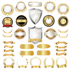 Vector medieval golden shields laurel wreaths and badges collection
