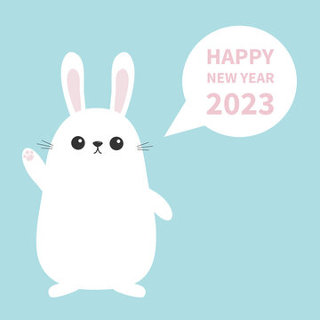 Happy Chinese New Year 2023. The year of the rabbit. White bunny waving hand. Talking thinking bubble. . Funny head face. Big ears. Cute kawaii cartoon character. Blue background. Flat design.
