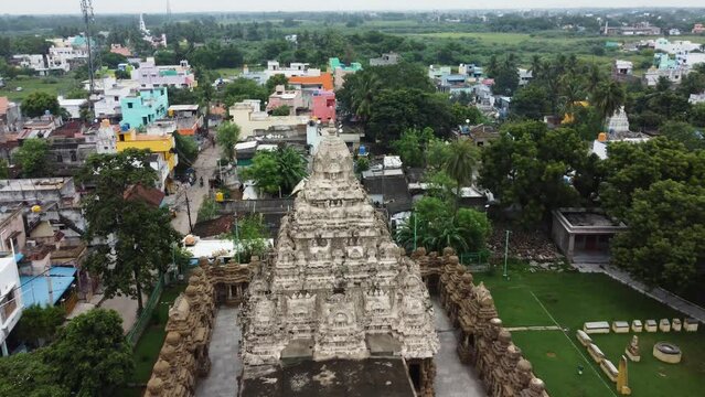 Aerial view of Kailasanathar temple in the Tamil Nadu city of Kanchipuram in South India. Outer view of Kailasanathar temple tower which is carved and sculpted mostly out of sandstone.