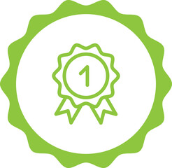 first place green stamp. Symbol, outline icon, tag, badge, label, circle, green white vector round isolated on transparent background.