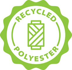 recycled polyester green stamp. Symbol, outline icon, tag, badge, label, circle, green white vector round isolated on transparent background.