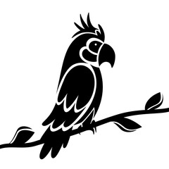 Parrot sits on a branch with leaves, black silhouette on white background.