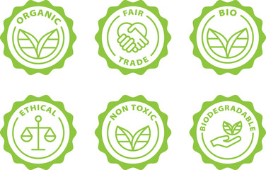 organic, fair trade, bio, ethical, non toxic, biodegradable green stamp. Symbol, outline icon, tag, badge, label, circle, green white vector round isolated on transparent background. icon set.