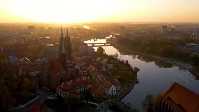Church of the Holy Cross and St Bartholomew in Wroclaw, Poland, aerial sunset view