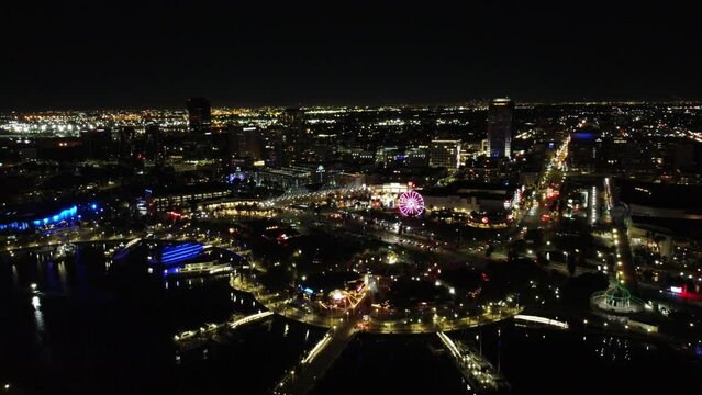 Long Beach CA USA at Night, Aerial View of City Lights, Ferris Wheel and Oceanfront