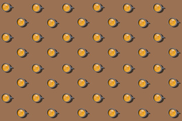 Pattern of cups of coffee standing in rows against brown background