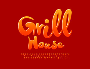 Vector funny emblem Grill House. Glossy handwritten Font. Modern Artistic Alphabet Letters and Numbers set