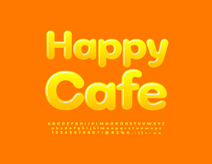 Vector sunny Emblem Happy Cafe.  Cute Creative Font. Yellow Glossy Alphabet Letters, Numbers and Symbols set.