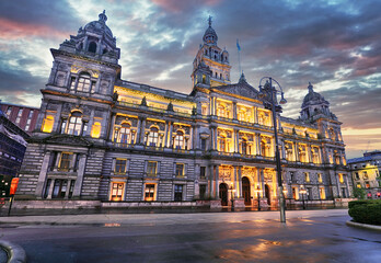 Fototapeta na wymiar Glasgow City Chambers and George Square at dramatic sunrise, Scotland - UK