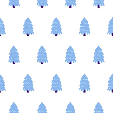 Blue Christmas Tree Seamless Pattern. Illustration of Cartoon Style Greeting Seasonal Holiday Background.