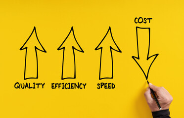 Business performance management and improvement concept. Hand draws arrows indicating increased...