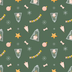 Seamless pattern with the image of a Christmas lantern, garland, Christmas toy on a green background. Winter design for greeting cards, wrapping paper. Vector illustration