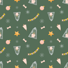 Seamless pattern with the image of a Christmas lantern, garland, Christmas toy on a green background. Winter design for greeting cards, wrapping paper. Vector illustration