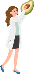 Female paramedic or doctor or nurse or scientist with avocado, healthy fruit
