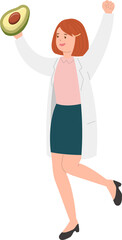 Female paramedic or doctor or nurse or scientist with avocado, healthy fruit