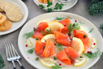 Smoked salmon salad with sliced onion ,lemon,dill and capers....