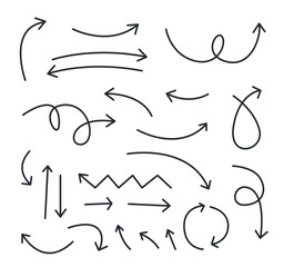 Hand drawn arrows and sketch doodle style curved arrows collection flat vector illustration.