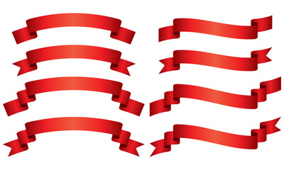 カーブのついたグラデーションりぼんラベル8種セットのイラスト（赤）