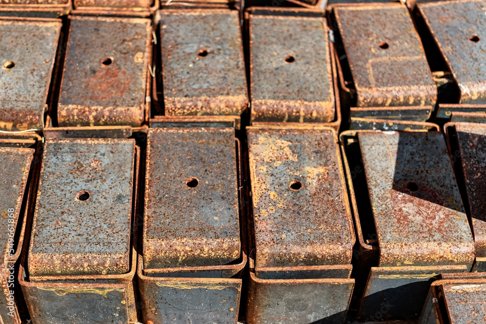 Poster building materials at a construction site. prepared materials and embedded parts for foundations at 