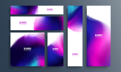 Set of vibrant colored flyers and banners. Bright abstract backgrounds with multicolored blurred gradients for your creative graphic design. Vector illustration.