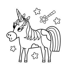 Cute isolated unicorn in black outline on white background for design. Animal horse, pony, character for posters, postcards. Vector illustration.