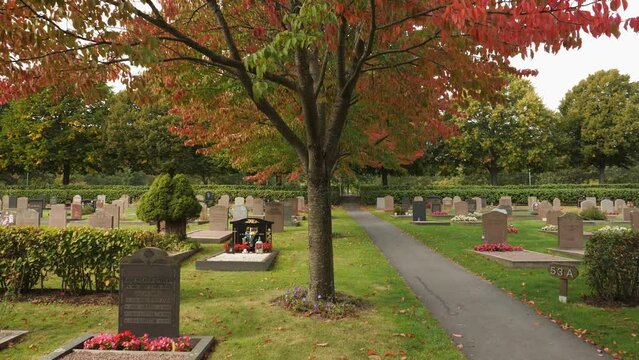 Kiviberg Cemetery at Autumn, Gothenburg, Sweden, Pan shot