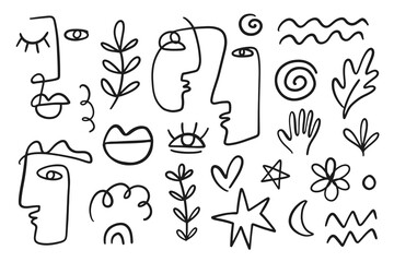 Minimalistic one line drawing Boho elements set