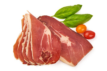 Italian prosciutto crudo or jamon. Raw Sliced ham. Isolated on white background.
