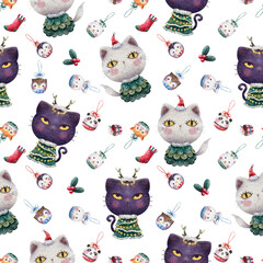Cats in Christmas costume watercolor illustration seamless pattern on white background, black and white cat in Christmas tree outfit and animal face Christmas baubles decorated for printing on paper
