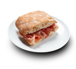 Baguette de jamón Serrano sobre Plato en fondo blanco. Serrano ham baguette on plate in white background.