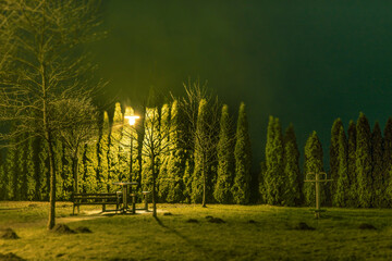 Park nocą oświetlony latarnią © Mariusz