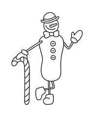 A funny smiling gentleman snowman, Winter persrnazh in a bowler hat, with a bow tie and a cane. Vector illustration in a doodle style.