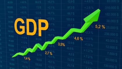 Rising GDP (Gross Domestic Product) rate. Arrow moves up. Spreadsheet with financial data in the background. Economic recovery, growth, strong business, new jobs and rising economy. 3D illustration