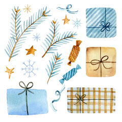 Hand-drawn watercolor Christmas illustration set. Blue spruce branches, candy, gift boxes, stars, snowflakes