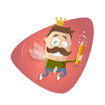 funny illustration of a male cartoon fairy with a magic pencil