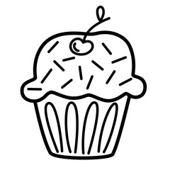Birthday cupcake or muffin. Line art symbol for web printing and applications. Vector illustration in doodle style hand-drawn isolated on the white background.